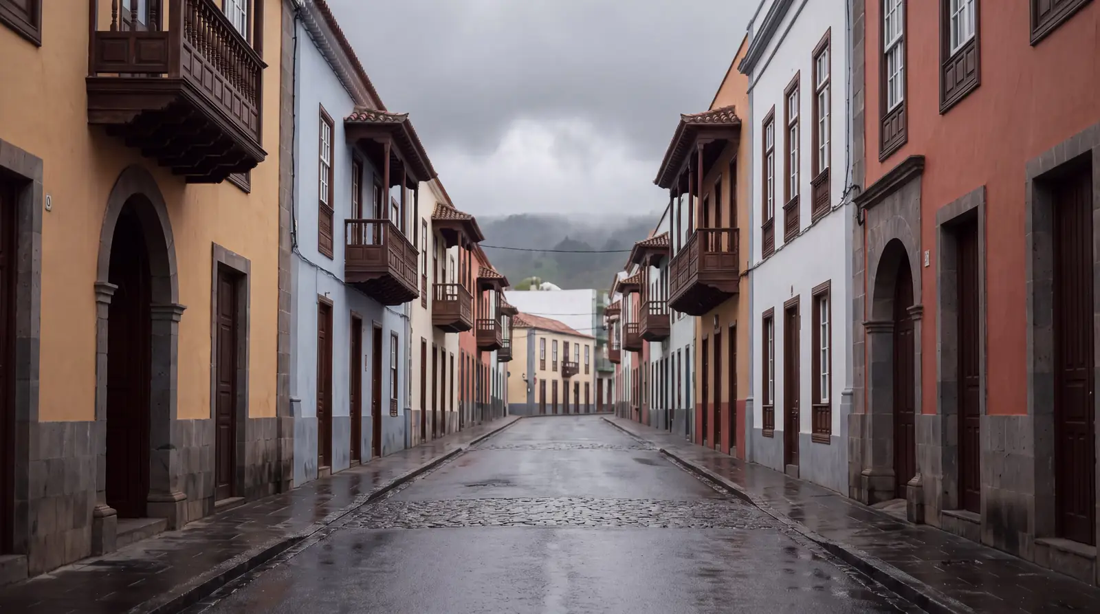 Imagen ilustrativa: calle de La Laguna con casas canarias de balcones de madera, vista desde el asiento del conductor en un día de llovizna.