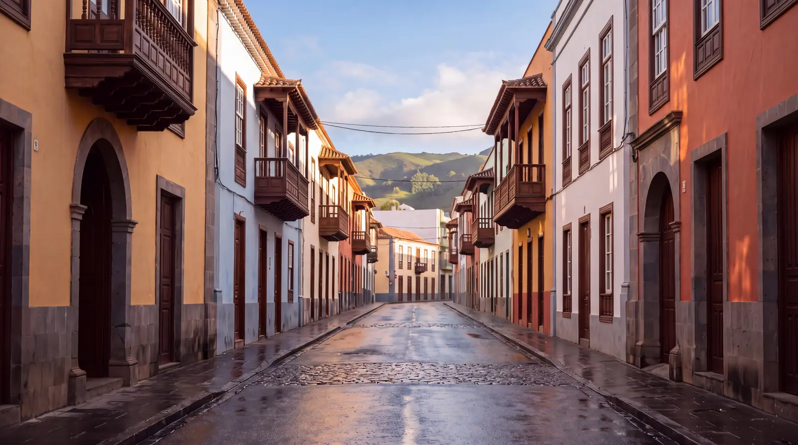 Imagen ilustrativa: la misma calle de La Laguna, ya sin lluvia y con sol de tarde sobre las fachadas.